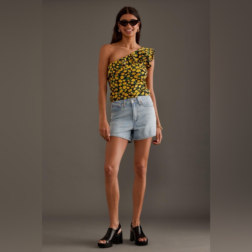 NWT Anthropologie Maeve One Shoulder Ruffled Top Yellow Floral Size Medium - Picture 4 of 10